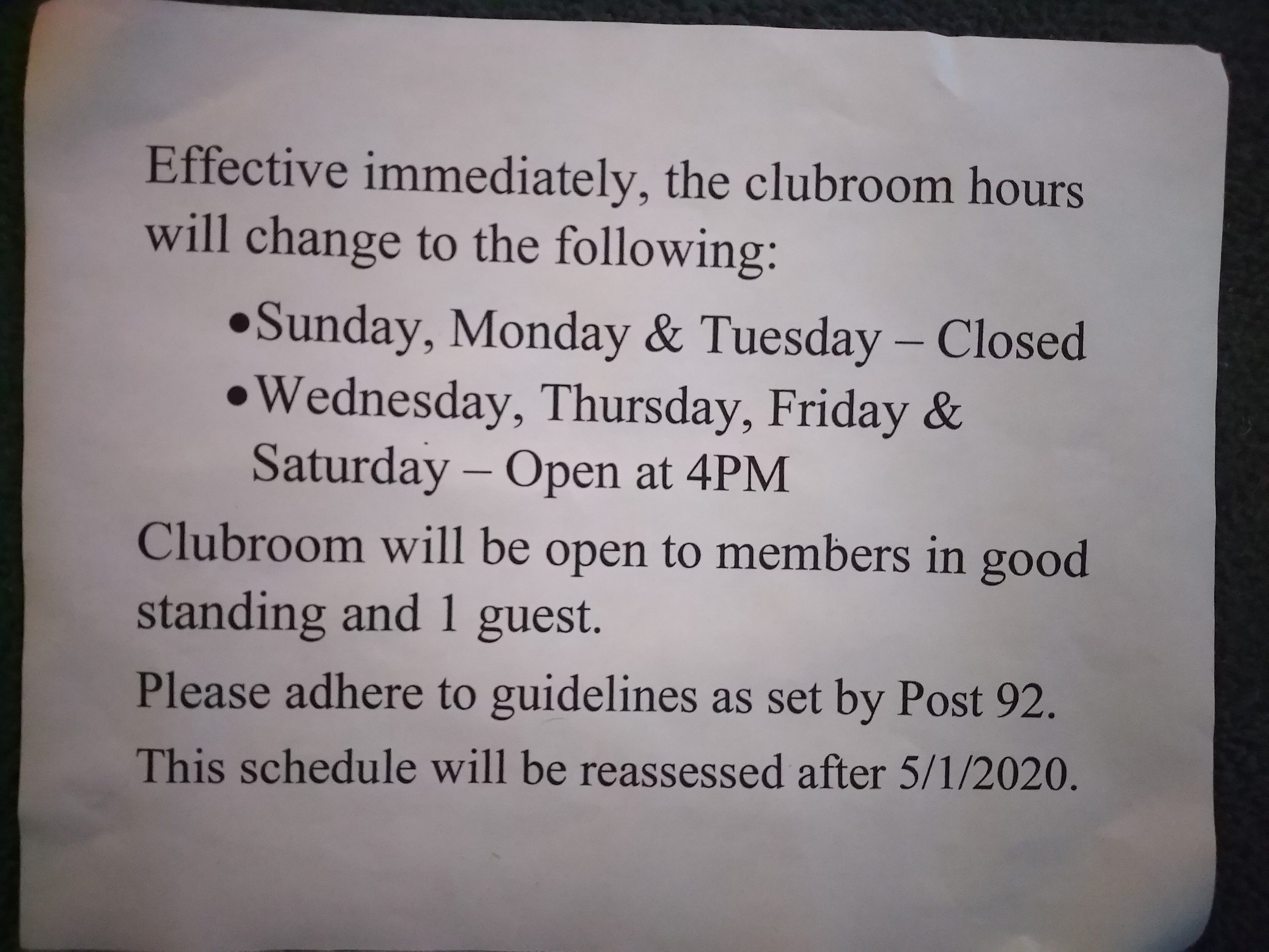 Clubroom hours have changed 3/28/20